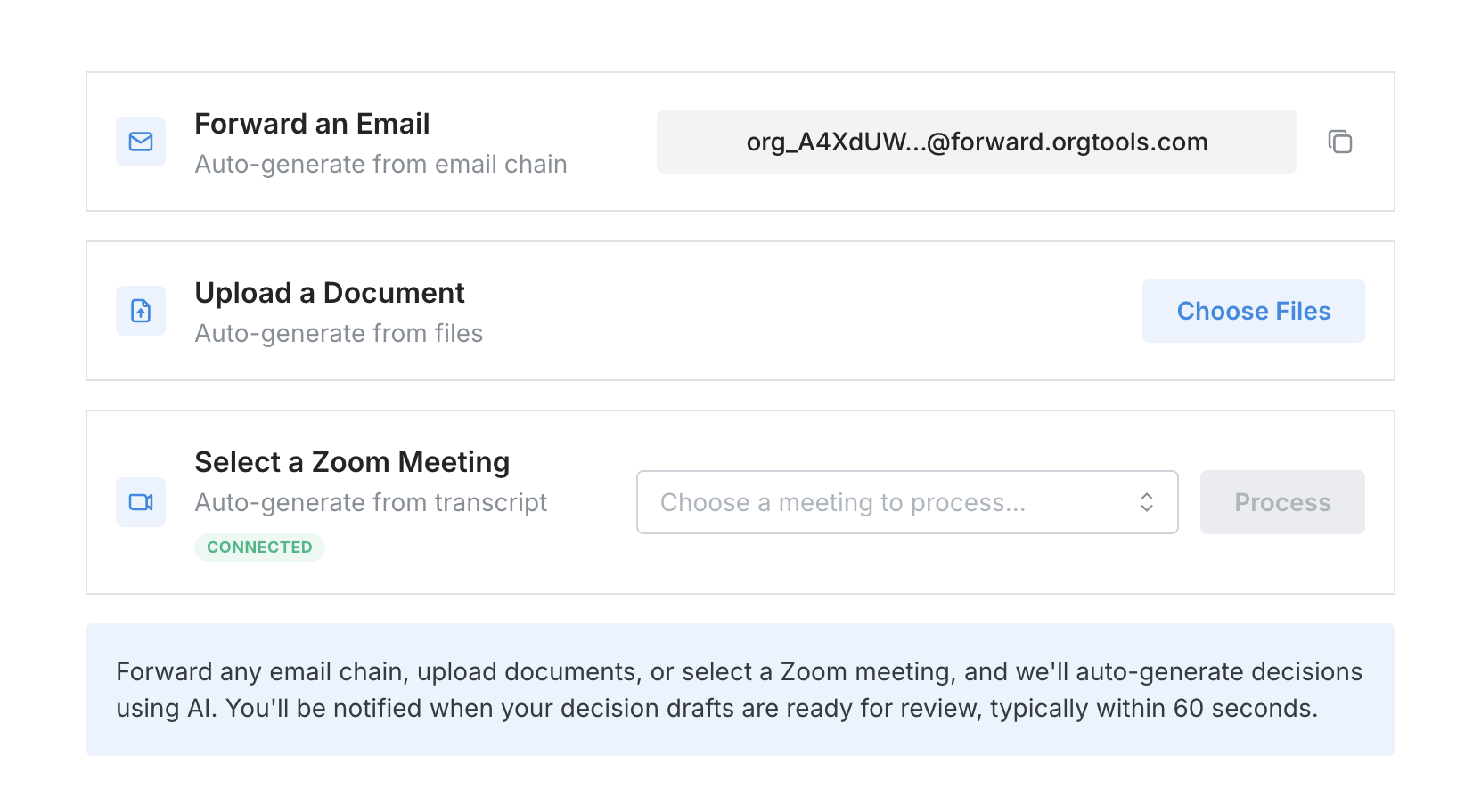 Orgtools data sources interface showing email forwarding, document upload, and Zoom meeting selection